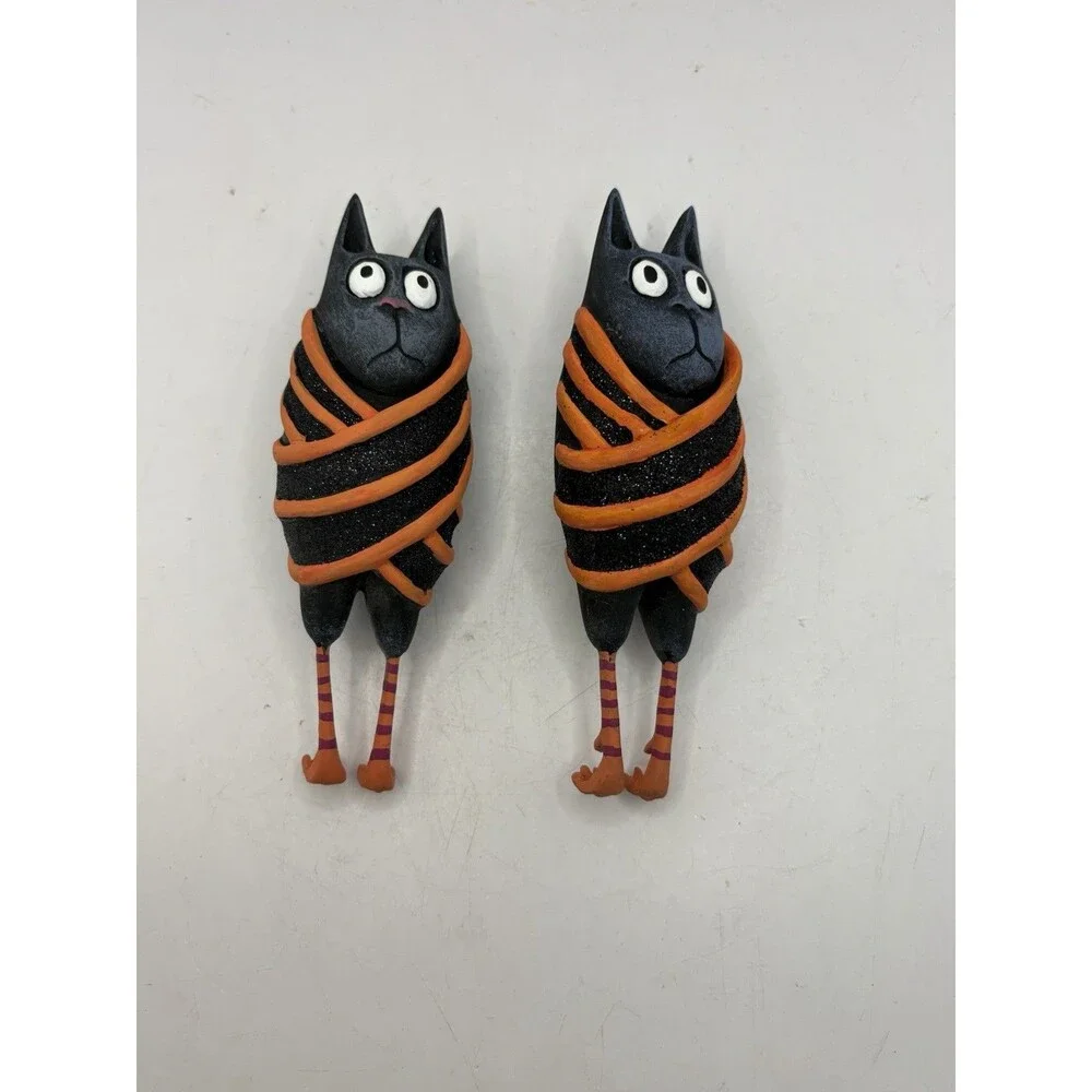 Patience Brewster Set Of 2 Beatrice Bat Ornaments Black Orange Striped Glitter